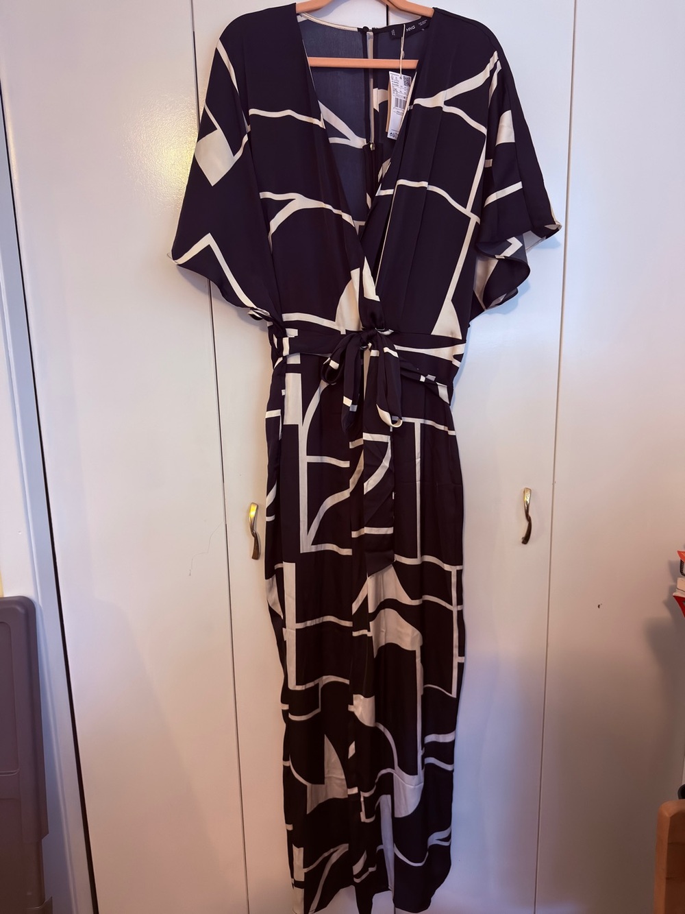 Mango Satin Black and Cream Geometric Wrap-Top Jumpsuit
